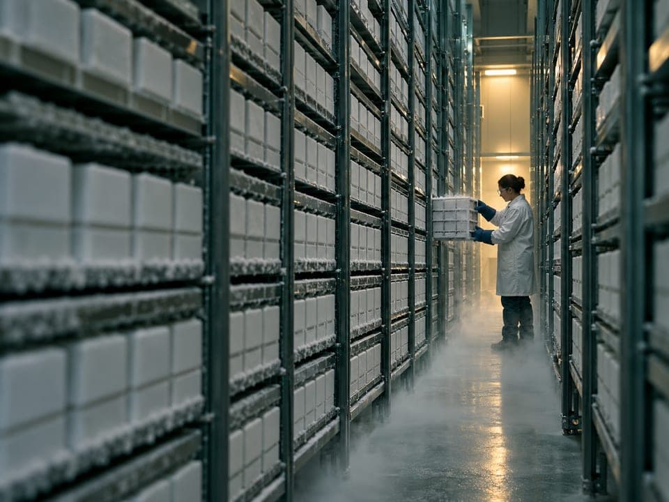 A long freezer archive aisle with thousands of frosted sample boxes on steel racks; a technician in a lab coat pulls out one rack.