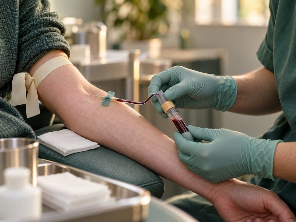 A phlebotomist in green gloves fills a blood tube from a fine needle in a patient’s forearm, with a tourniquet above.