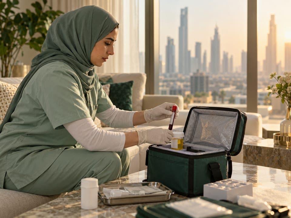 A nurse in sage scrubs and a hijab places a blood tube and a urine sample cup into a medical cool box in a bright apartment with a city skyline behind.