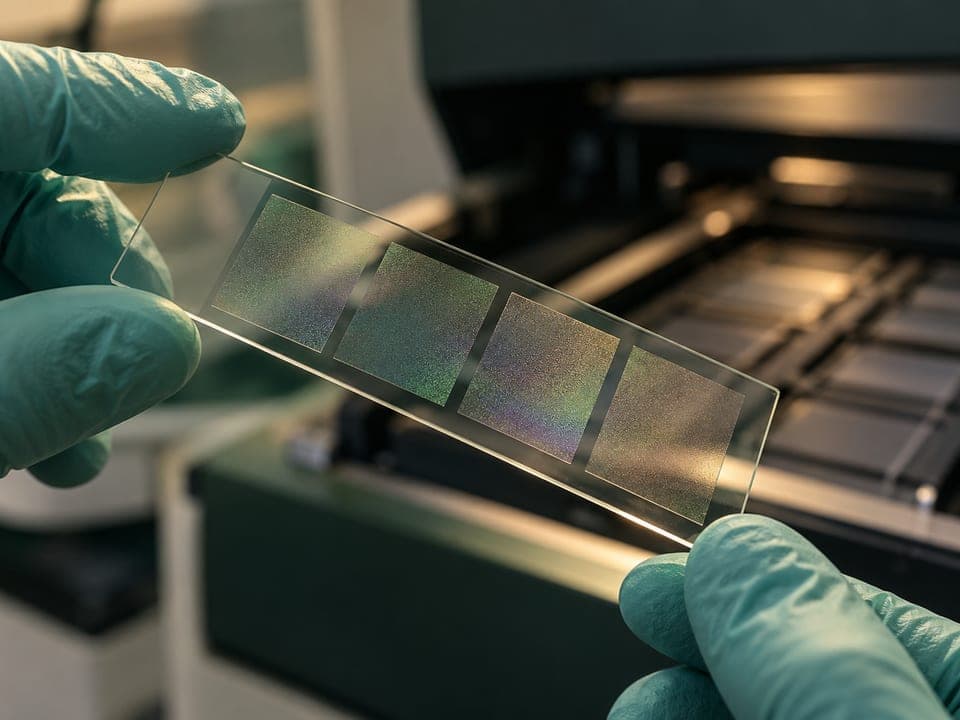 Gloved fingers hold a glass microarray slide with four shimmering sample areas in front of an open lab scanner.