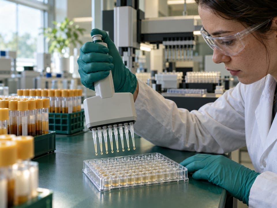 A scientist uses an eight-channel pipette to drop pale amber plasma into a 96-well plate, with racks of sample tubes and a lab robot behind.