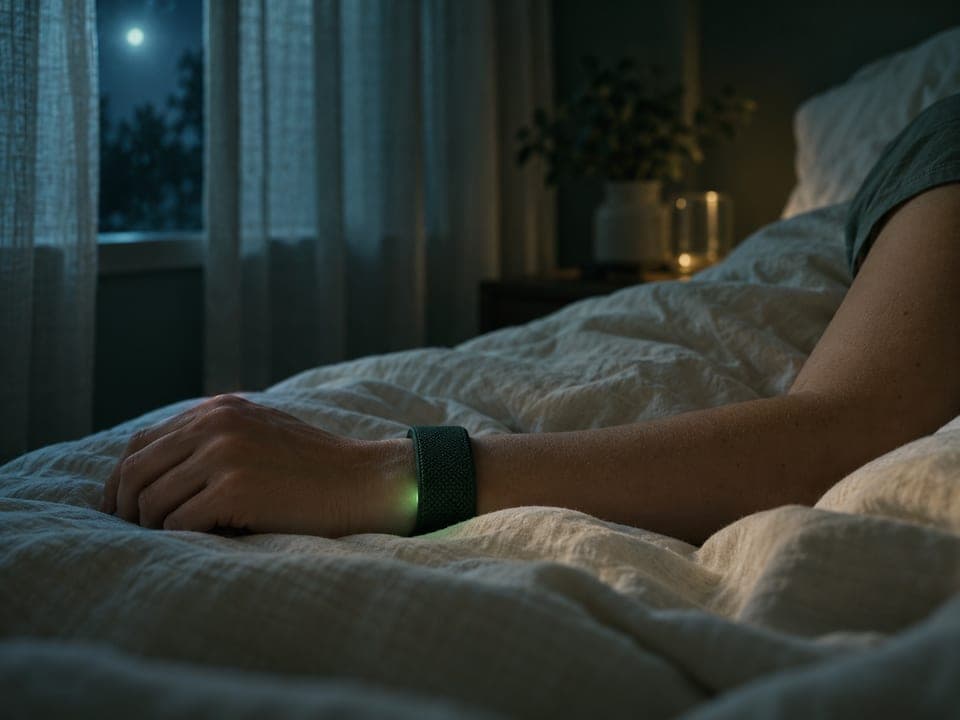At night, a sleeping person’s forearm rests on a linen duvet, wearing a woven band with a faint green sensor light.